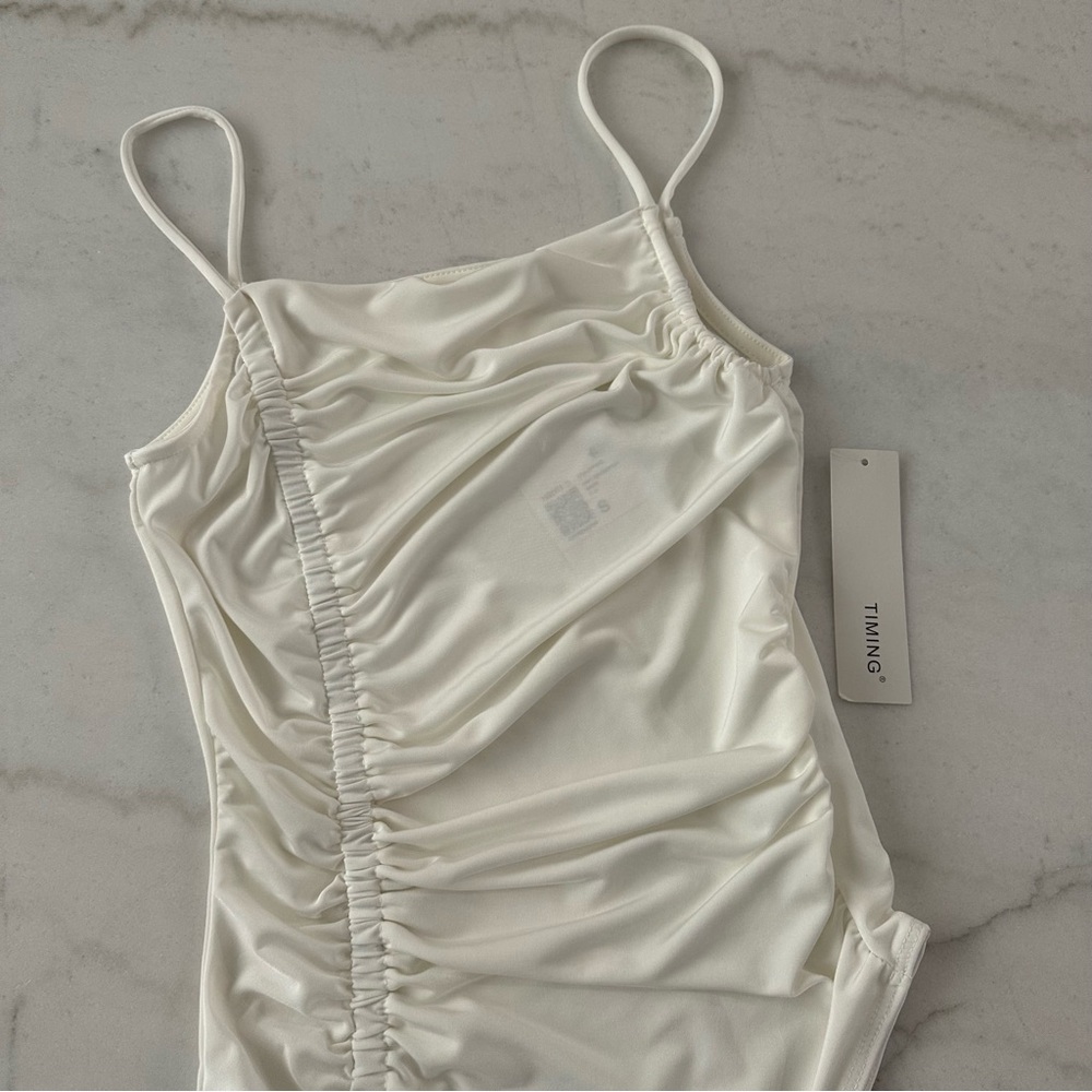 F21 BODYSUIT ✨ Bundle 2 bodysuit white tan ruching thin strap sexy nwt tank s - Picture 5 of 6
